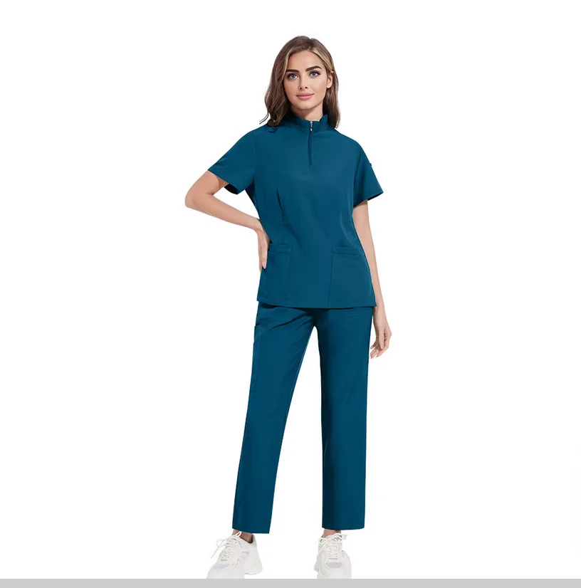 Unisex Solid Color Clinic & Hospital Stand Collar Nurse Uniform Set
