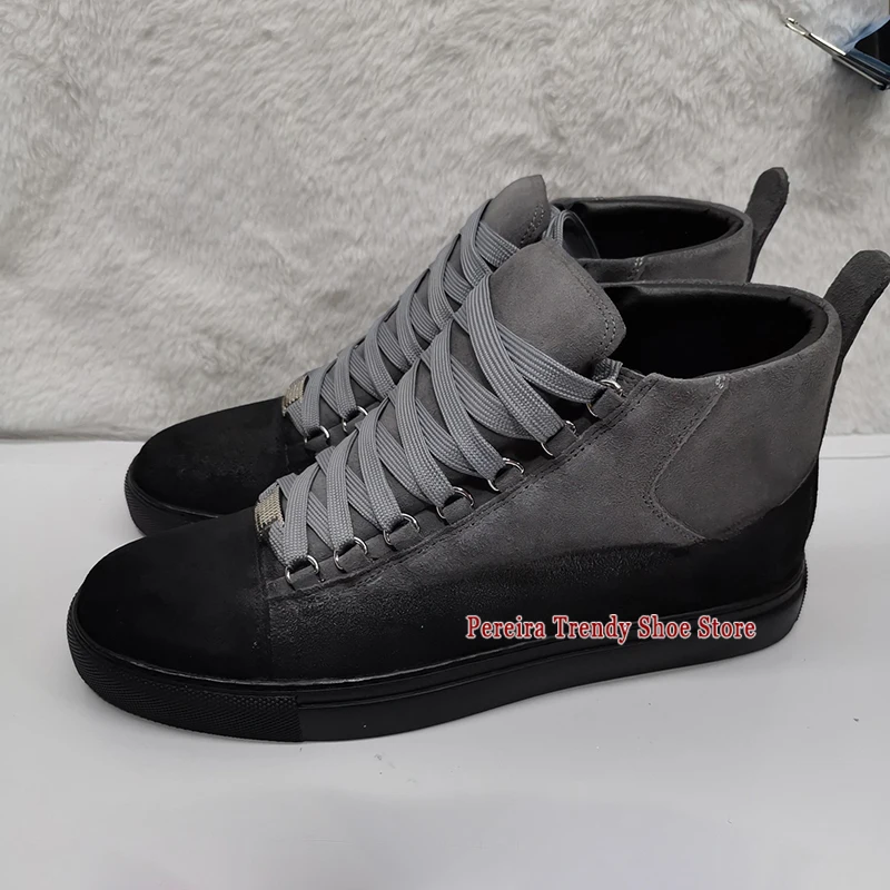 Men's Mixed Colors Suede High Top Shoes Trendy Versatile Thick Soled Lace-Up Casual Sneakers Spring Autumn Couple Board Shoes