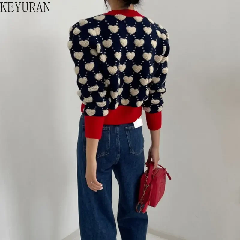 Color Contrast Love Jacquard Knitted Cardigan Women New 2024 Autumn Winter Korean Sweet Slim Puff Sleeve Single Breasted Sweater