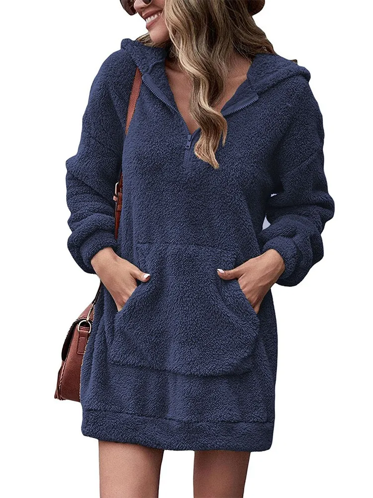 Double-sided plush hooded loose jacket 2023 new European and American autumn and winter zippered plush wool warm pocket sweater