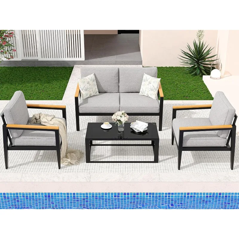 Furniture Set,4 Piece Patio Conversation Sets,Removable & Washable Cushion,Ink Color Tempered Glass Table Light Grey