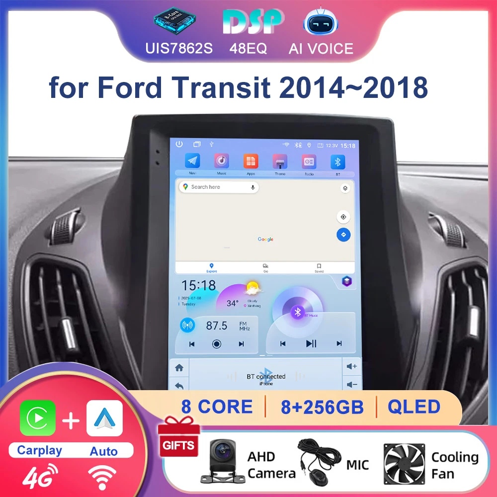 Radio Multimedia Vertical para Auto con Pantalla Táctil Android, 4G, WiFi, Bluetooth, GPS y Carplay para Ford Transit 2014~2018