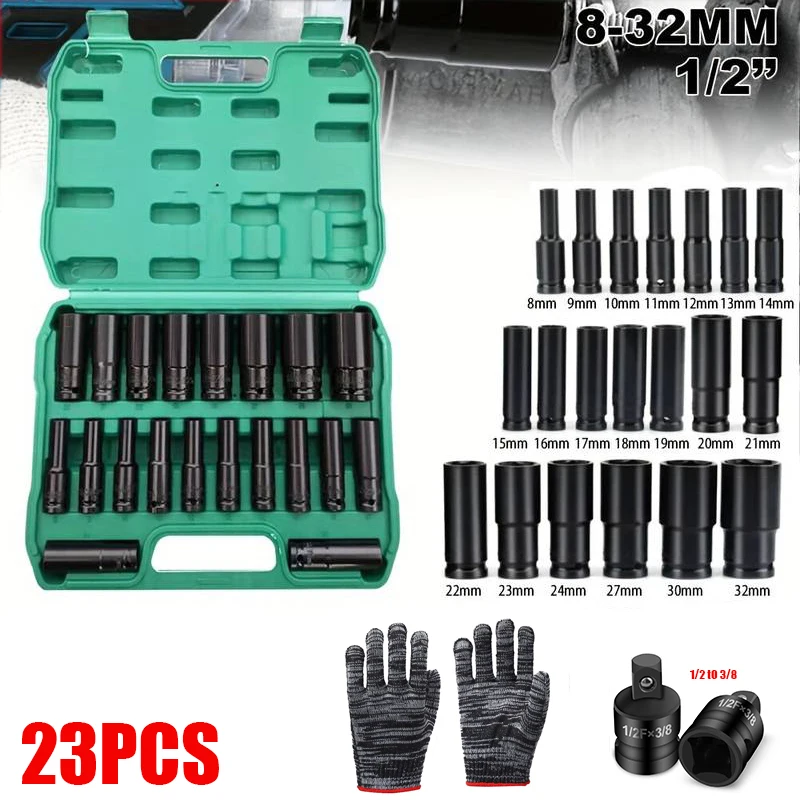 Zestaw 23 szt. kluczy udarowych 1/2 cala, 6-kątne, metryczne 8-32mm, stal węglowa, czarno-zielone, z solidnym futerałem do przechowywania, do konserwacji maszyn i sprzętu samochodowego, kompatybilne z
