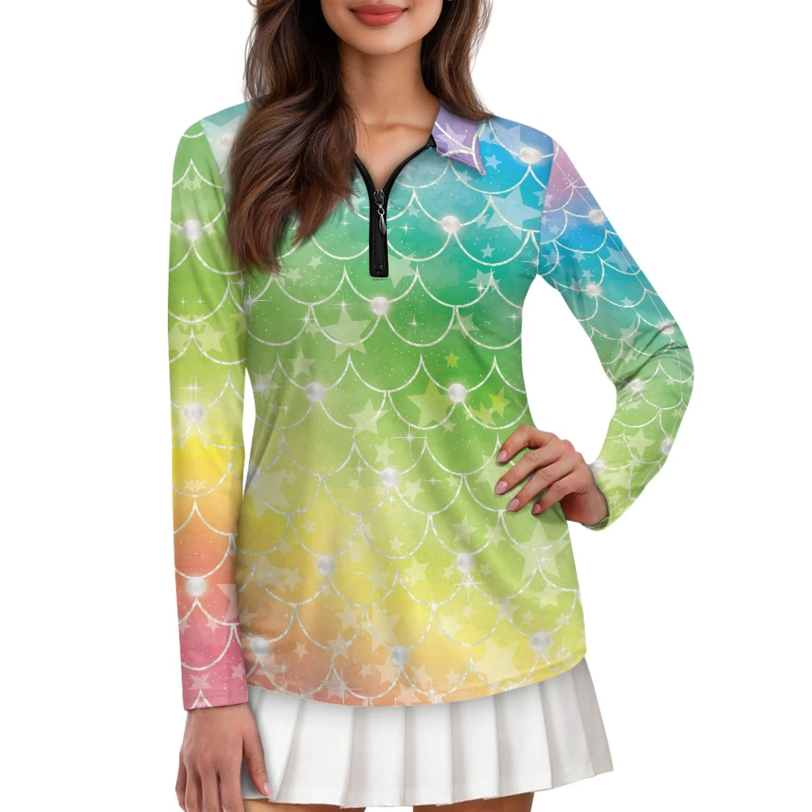 PENSTROLL Mermaid Scale Print Womens Machine Washable Golf Outfits Lightweight Polo Shirts for Women for Athletic