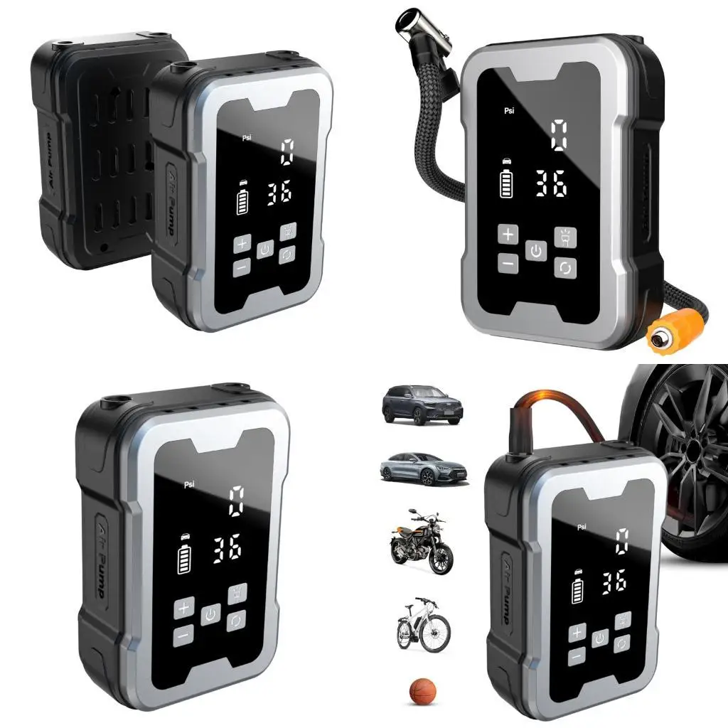Handheld Rechargeable Wireless Tire Pressure Inflator Air Compressor With Extended Hose and LED Warning Light for Outdoor