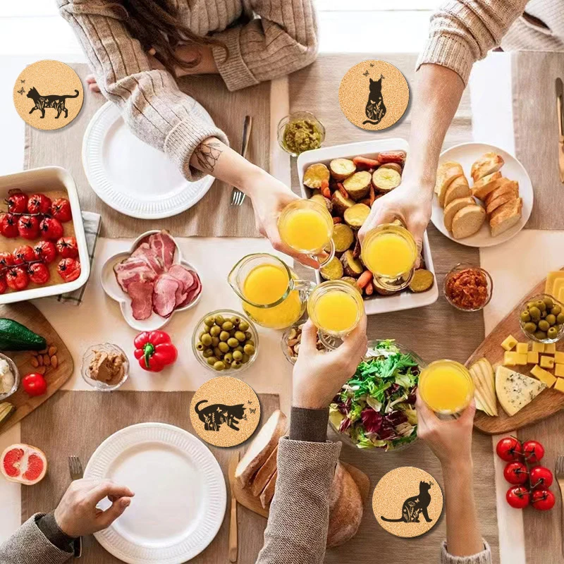 6pcs/Set Creative Engraved Hello Cat Design Pattern Round Cork Coasters For Coffee Cups Mugs Drink Holder and Tableware