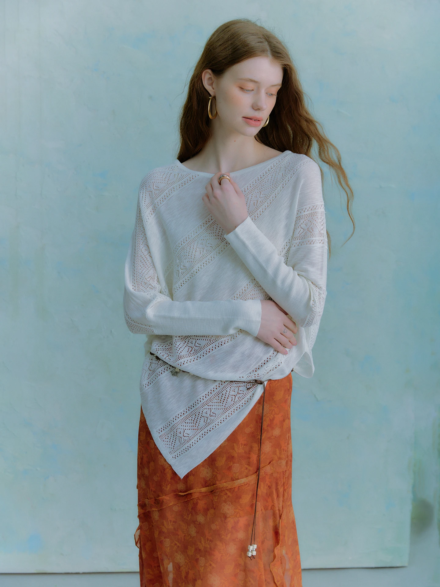 

Lazy Bat Sleeve Openwork Hollow out Thin Knitted Shirt Women's Spring Top Waist Cord Loose Fit Soft Fine Gauge Long Sleeve