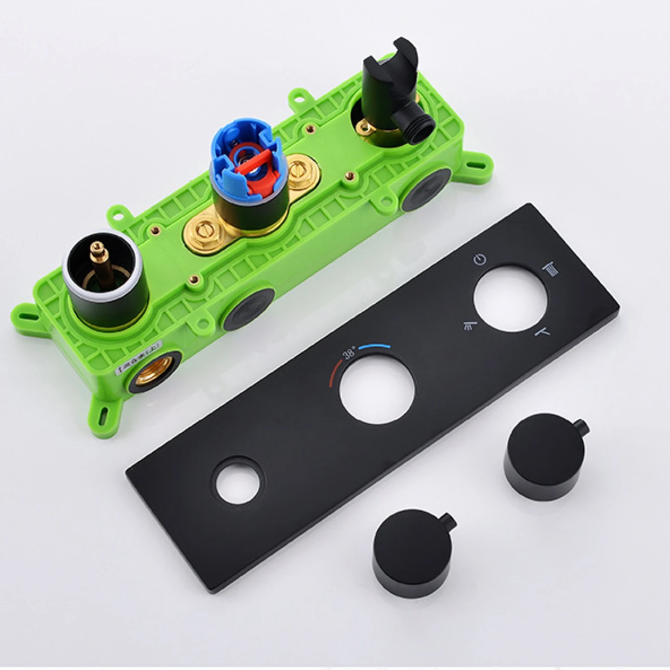 Imagem -04 - High-end Simples Preto Latão Banheiro Chuveiro Sistema de Parede Design 3-função Termostática 2-lidar com 2-controle Cachoeira Torneira