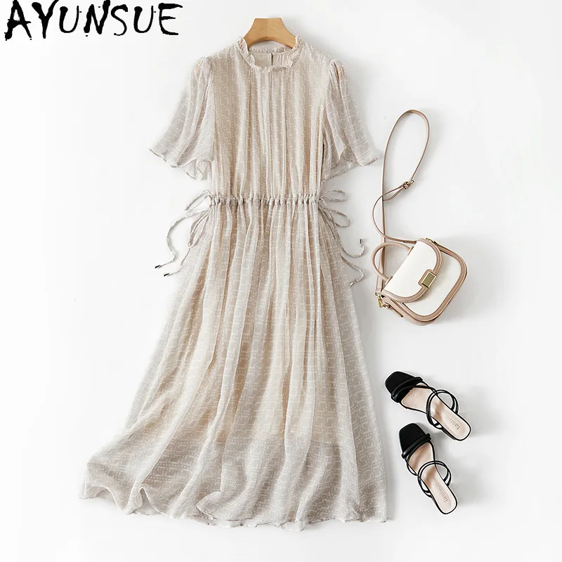 

AYUNSUE Natural Mulberry Silk Long Dress Solid Elegant Dresses for Woman Vacation Style Dresses Summer 2025 New Платье Женское