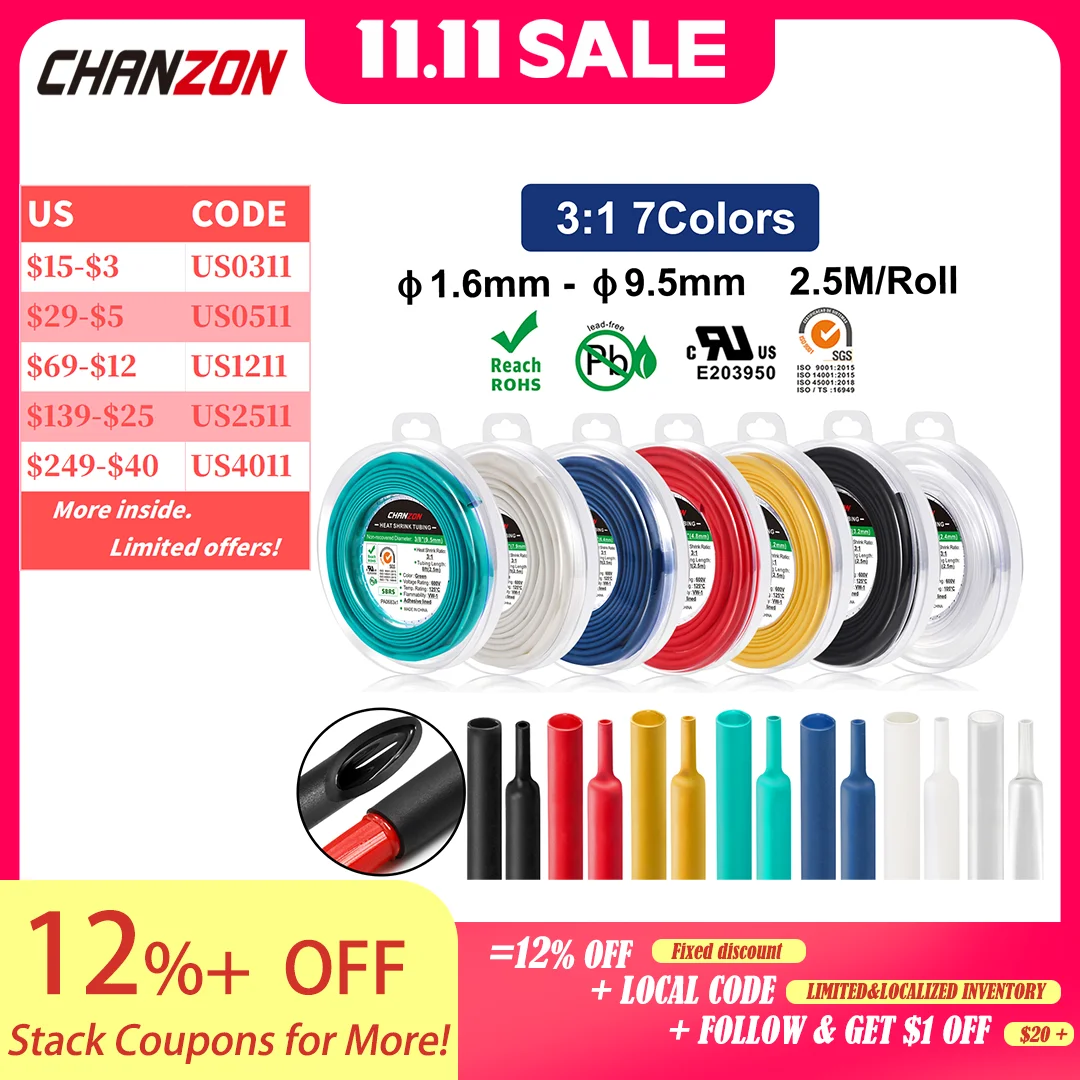 

2,5 м/рулон, 7 цветов, 1,6–9,5 мм, 3:1, водонепроницаемая термоусадочная трубка с клеем, двойная двойная стенка, проволока с клейкой подкладкой, морская упаковка