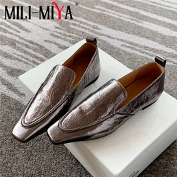 MILI-MIYA New Arrival Small Square Head Women Cow Leather Flats Solid Color Slip On Big Size 34-40 Cracked Leather Casual Shoes