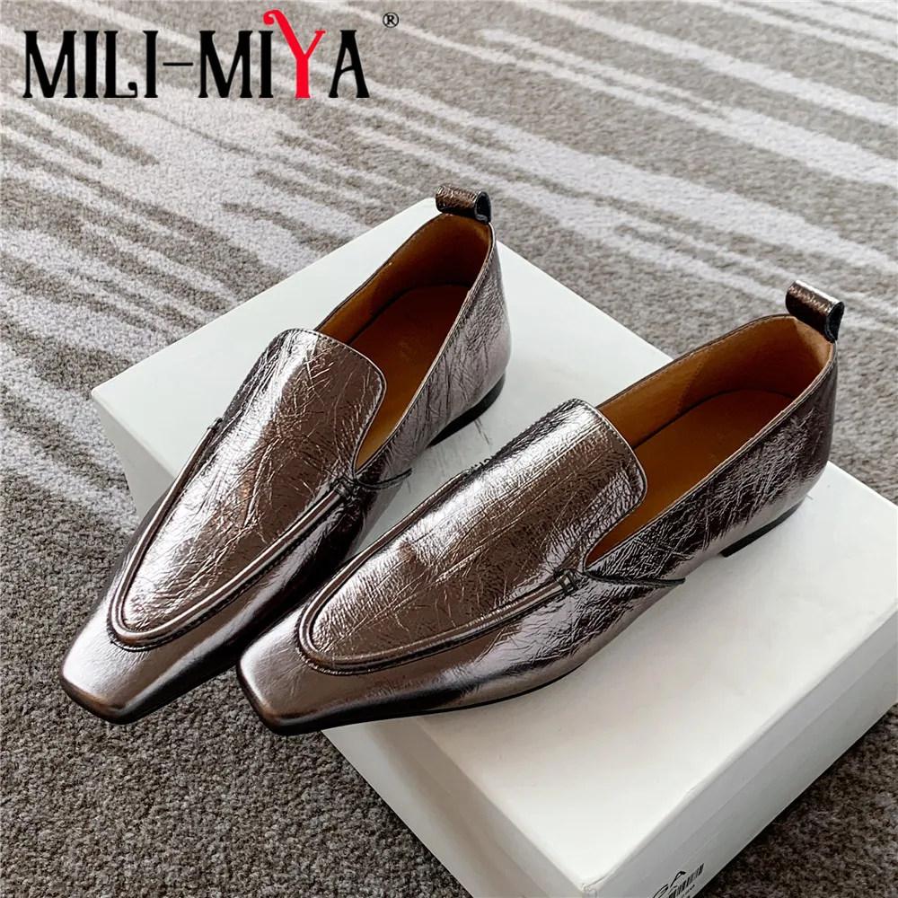 MILI-MIYA New Arrival mała kwadratowa głowa kobiety skóra bydlęca mieszkania jednokolorowe Slip On Big Size 34-40 pęknięte skórzane obuwie