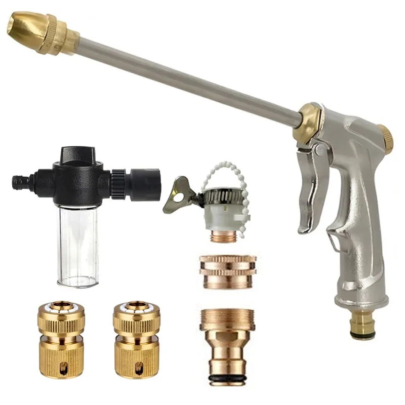 Pistola de pulverización de alta presión para jardín, boquilla ajustable para riego de plantas, conector de tubería de agua de 4 puntos, unión universal