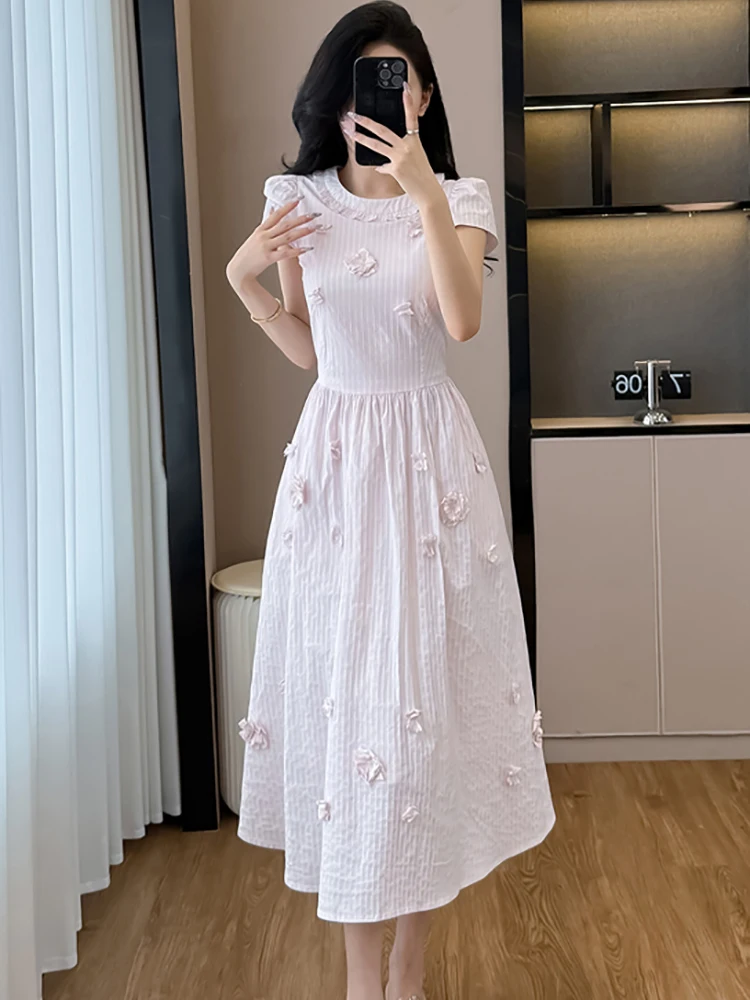 2025 neue Rosa Applikationen Kurzarm Casual Langes Kleid Frauen Elegante Chic Fesitval Party Kleid Sommer Koreanische Bodycon Prom Kleid