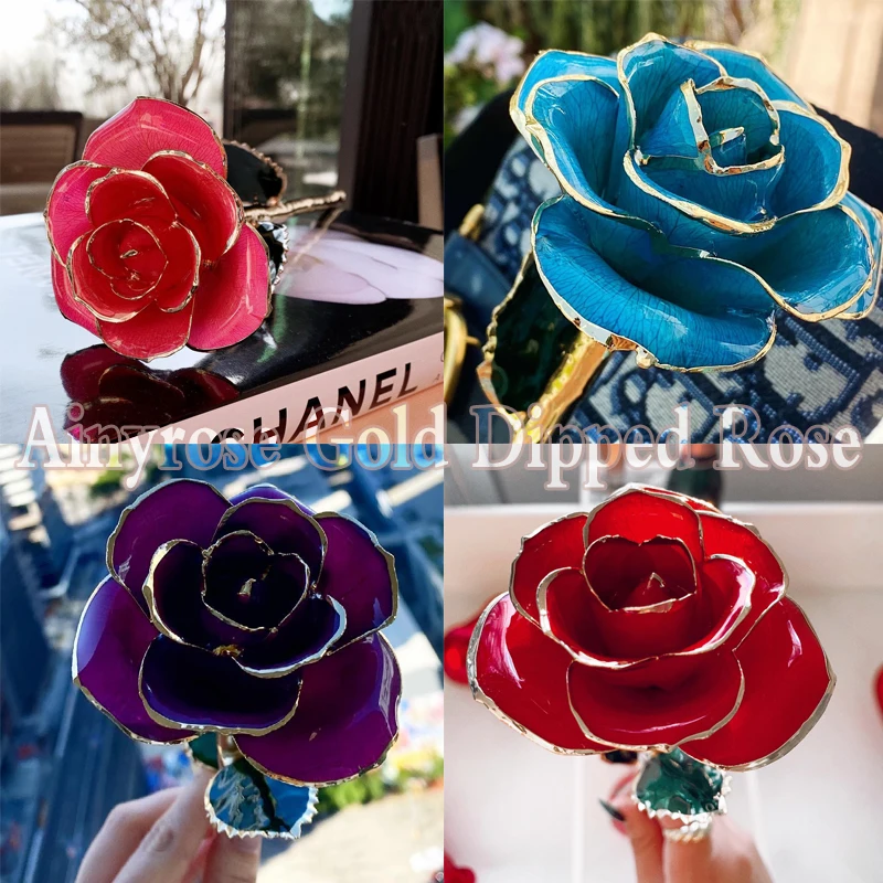 هدايا للنساء 24k الذهب انخفض ارتفع مع الوقوف الزهور الأبدية للأبد الحب في صندوق صديقة الزفاف عيد الحب هدية لها