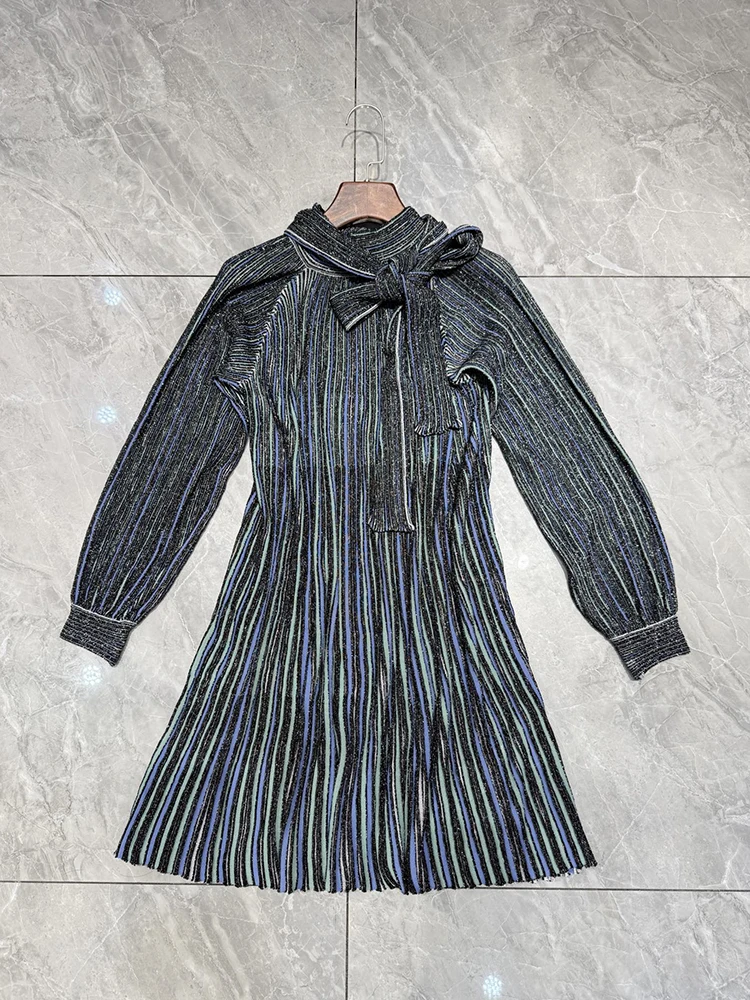 Spring Summer Fashion Party Elegant Silver Thread Knitting Knee-Length Dress Women's Lace-Up Collar Glitter Lantern Sleeve Dress