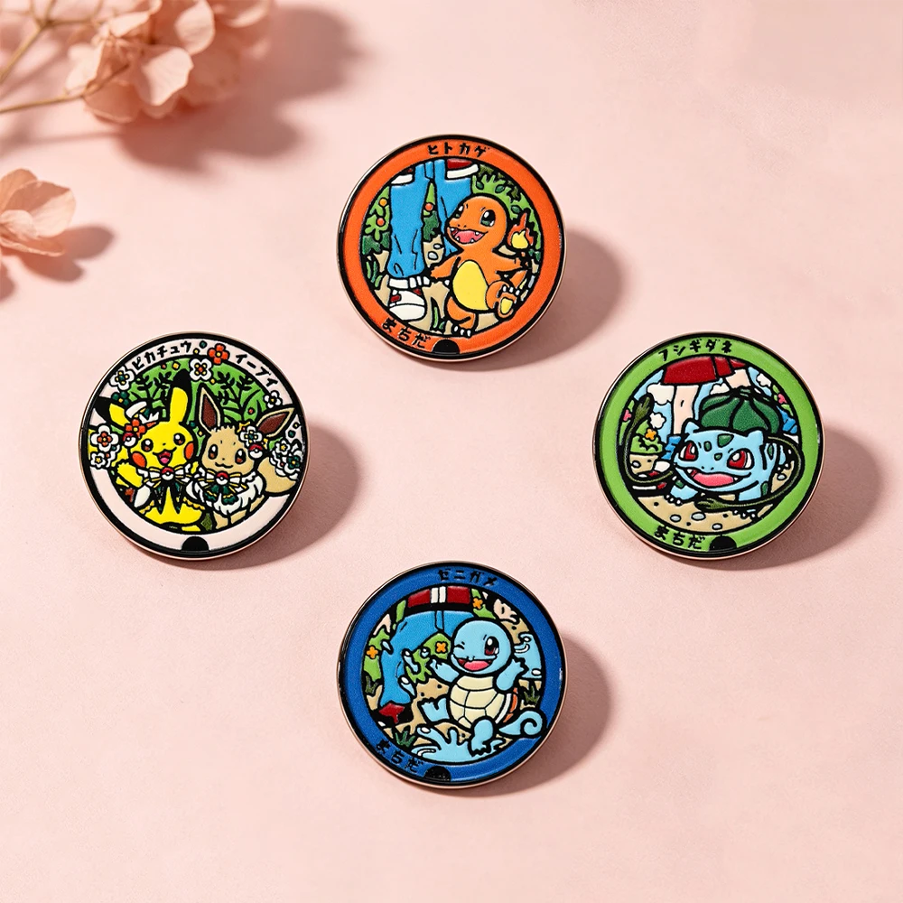 Cute Round Fantasy Creature Enamel Pin Set, 4Pcs Cartoon Monster Character Lapel Brooches Perfect Collectible Gift for Friends
