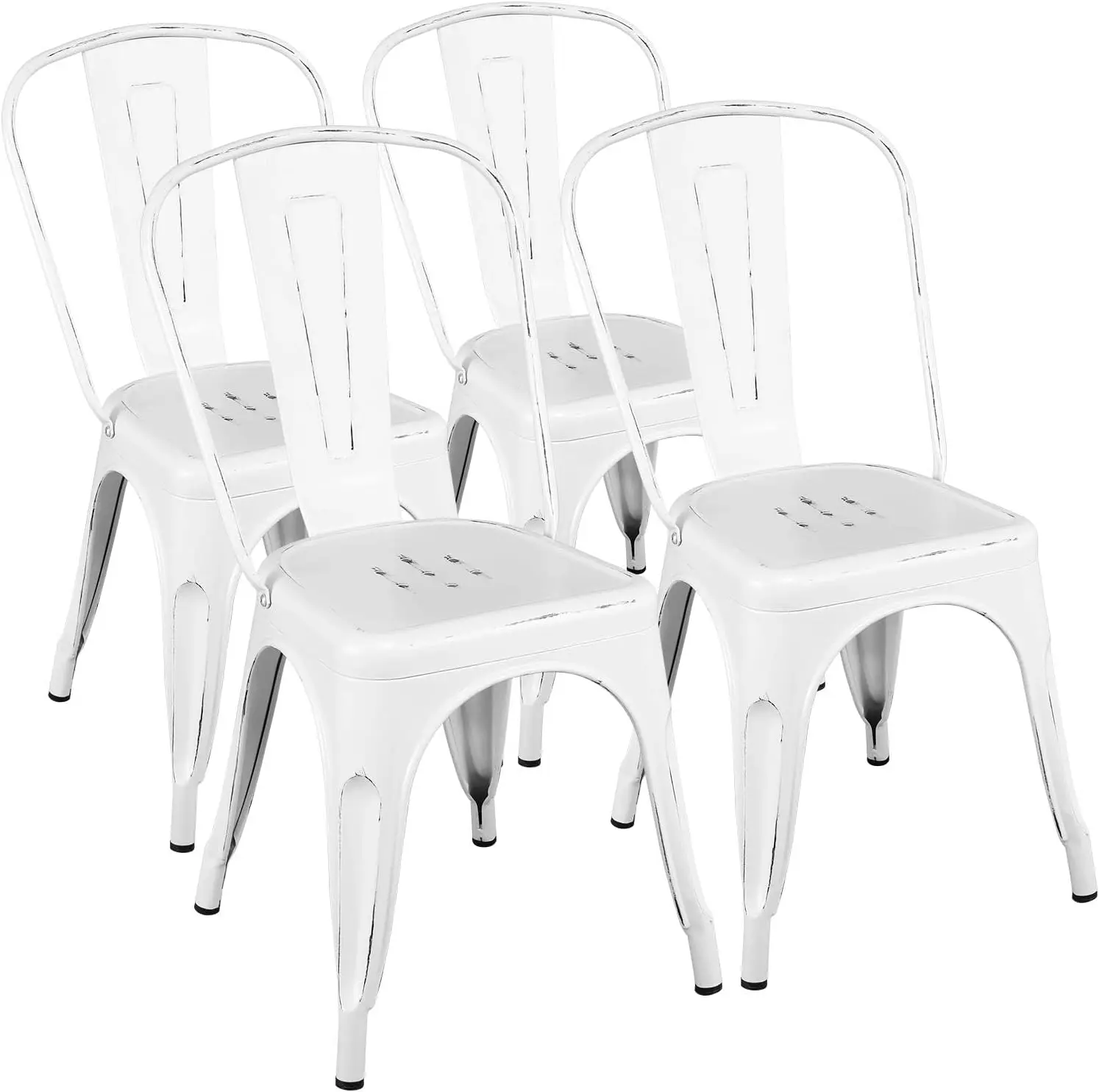 Metal Kitchen Dining Chairs Indoor-Outdoor Distressed Style Stackable Side Coffee Chairs in Distressed White