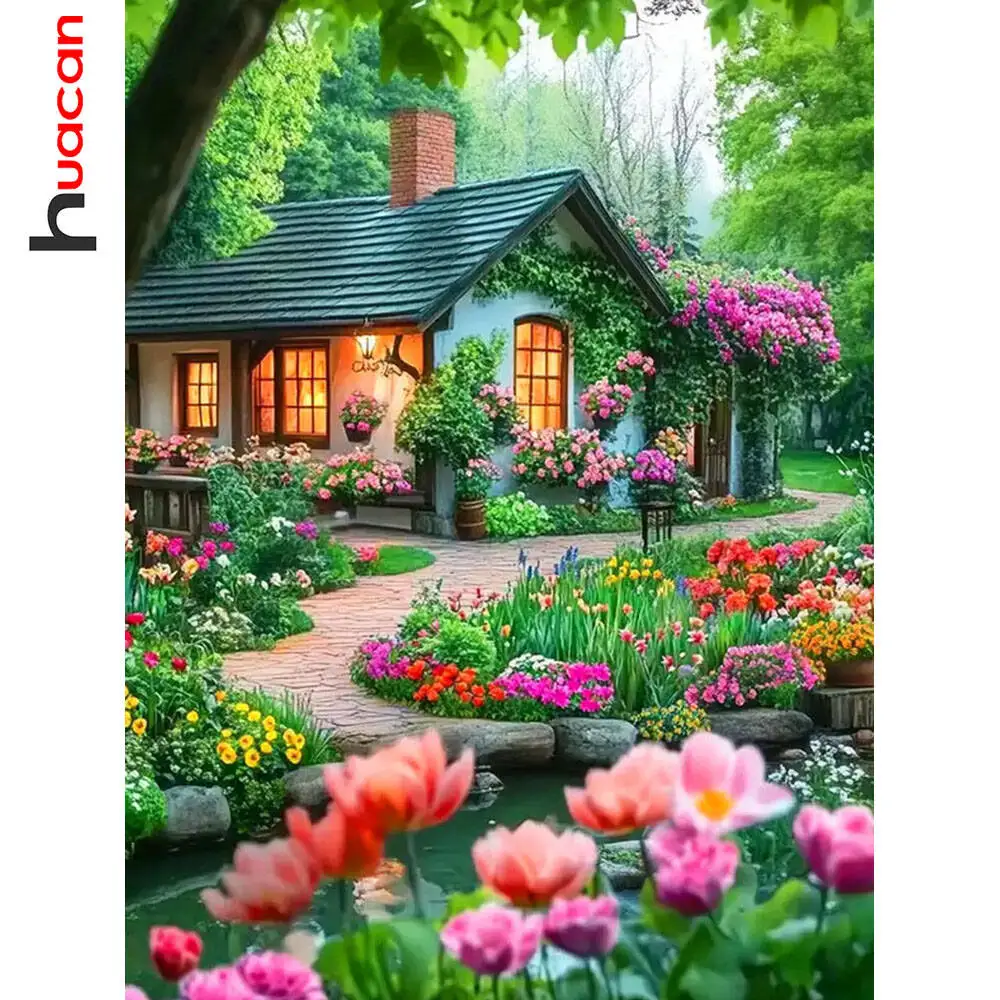Huacan 5D Diamond Painting Fairy Garden Flower Diamond Mosaic Landscape Complete Kit Wall Decor
