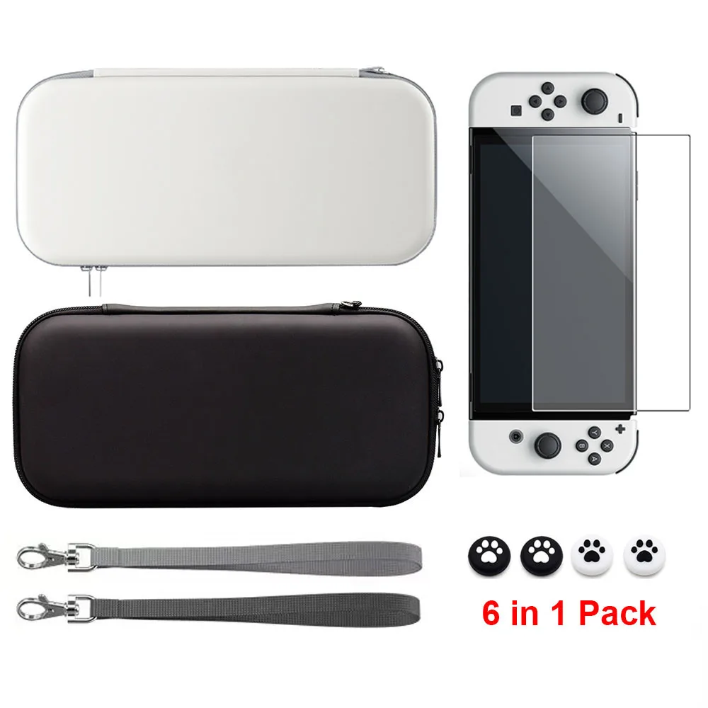 

6 in 1 Switch OLED Storage Bag Carry Case with Tempered Glass Screen Protector and Thumb Stick Grip Covers Game Accessories