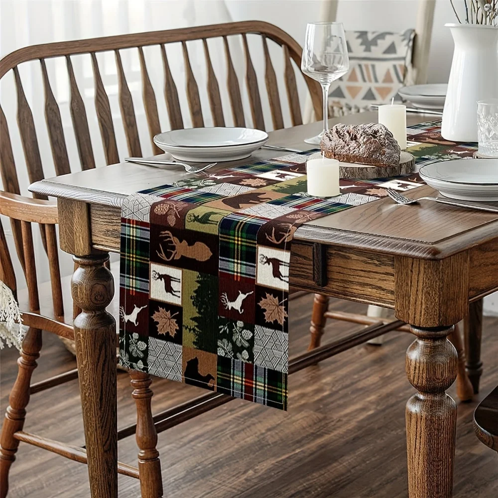1pc Vintage Country Hunting Maple Pine Bear Deer Table Runner for Kitchen Dining Table, Indoor Outdoor Home,Home Decoration