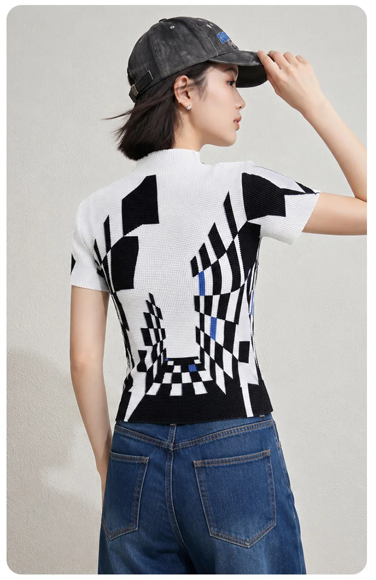 Women's Miyake Pleated T-Shirt, Black and White Checkered Print, Wrinkle-Free High Neck Base Layer, Summer