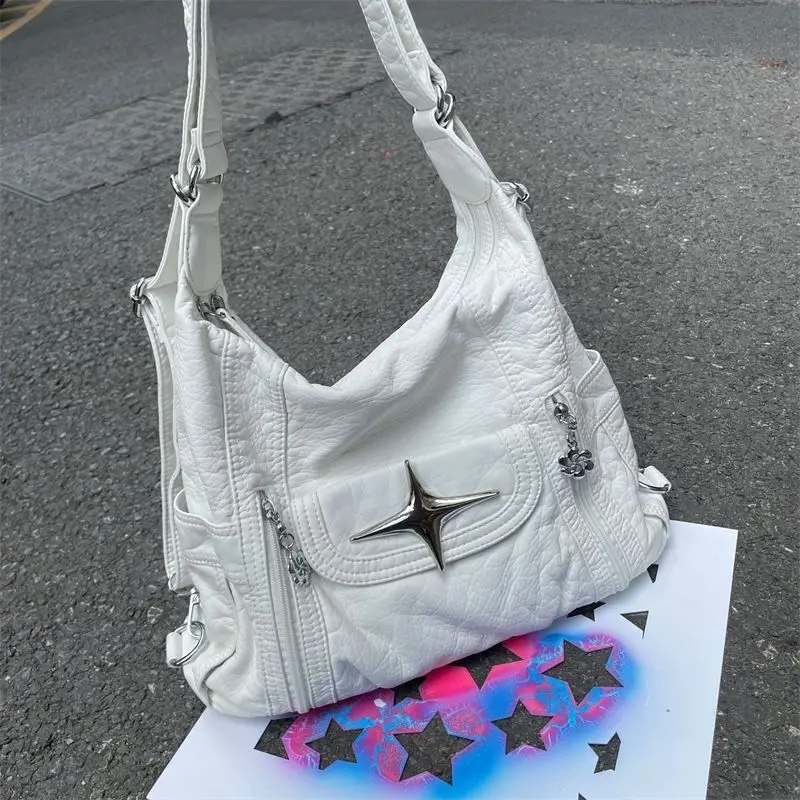 White Y2K Vintage Soft Washed PU Leather Hobo Bag Star Emblem Multi-Zipper Shoulder Crossbody Bag Purse Phone For Women Girls