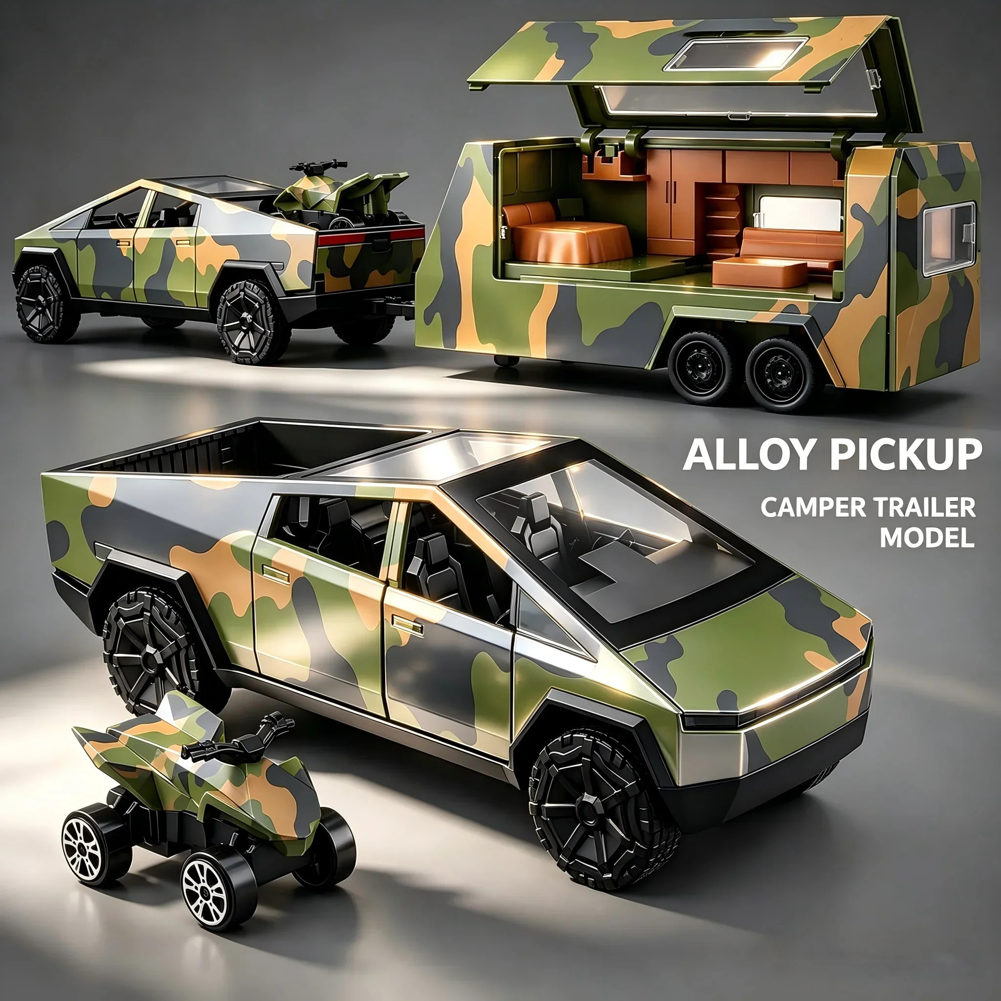 1:36 Camionnette de camping en métal, réplique en métal moulé sous pression avec mini-moto, fonction de recul, véhicule, cadeaux de Noël, décoration de table