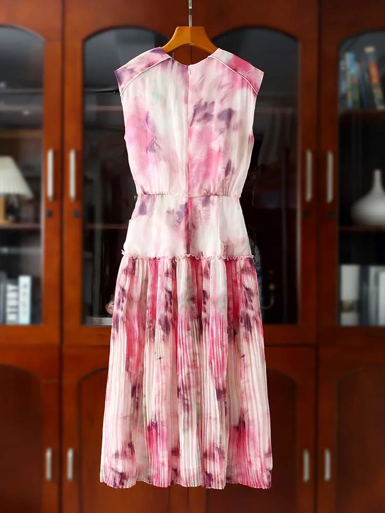 Saia Midi A-Line com Estampa Floral Rosa Doce, Cintura Ajustável, Plissada, Nova Chegada de Verão