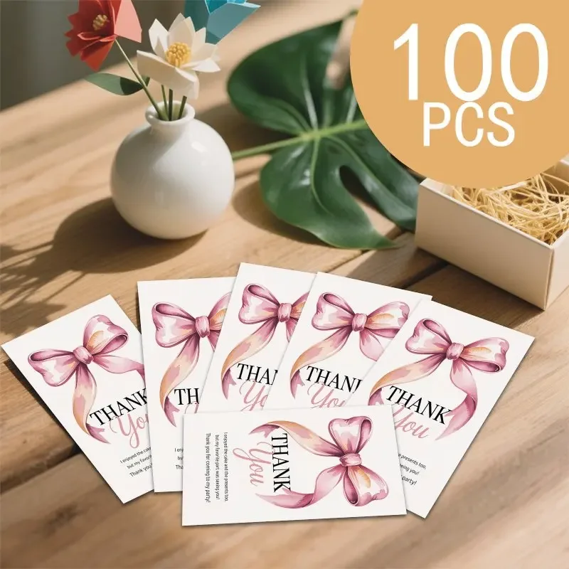 100pcs Elegant Watercolor Bow Thank You Cards, Orange Gradient Style, Used for Birthday, Christmas, New Year Decoration