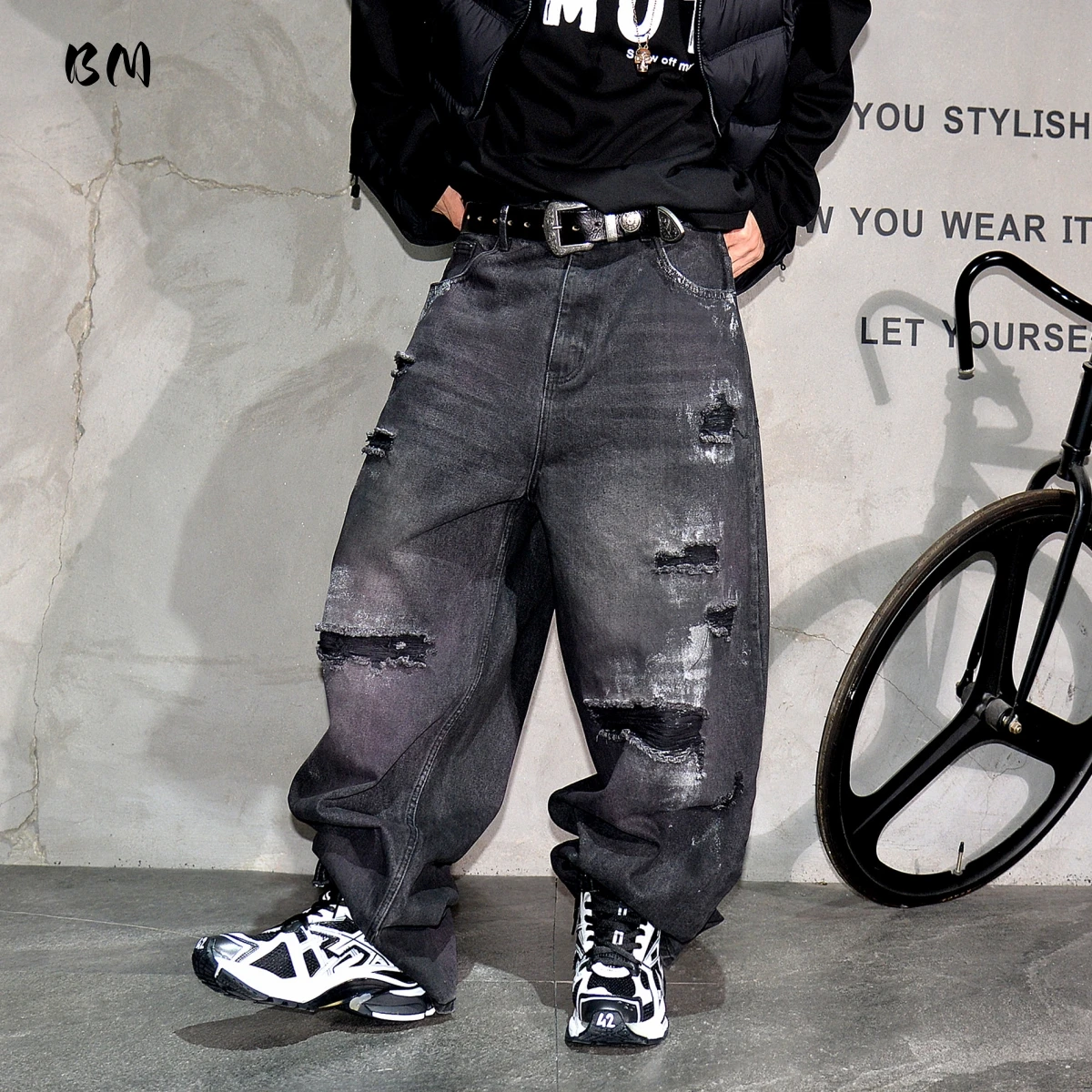

Мужские черные мешковатые джинсы, потертые широкие брюки, свободный крой, оверсайз, уличная одежда в стиле хип-хоп, винтажные брюки