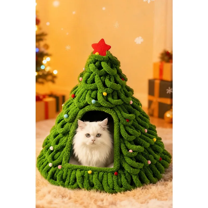 Christmas Tree Shaped Cat Nest Winter Warm Pet Security Nest Closed Cozy Den for Cats