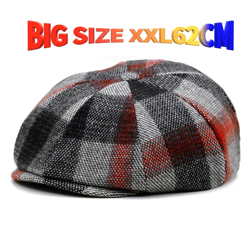 2024 Spring Autumn and Winter Newsboy Caps Men Women Plaid Pattern Wool Beret Dad Felt Ivy Cap Man Big Size Octagonal Hat M L XL