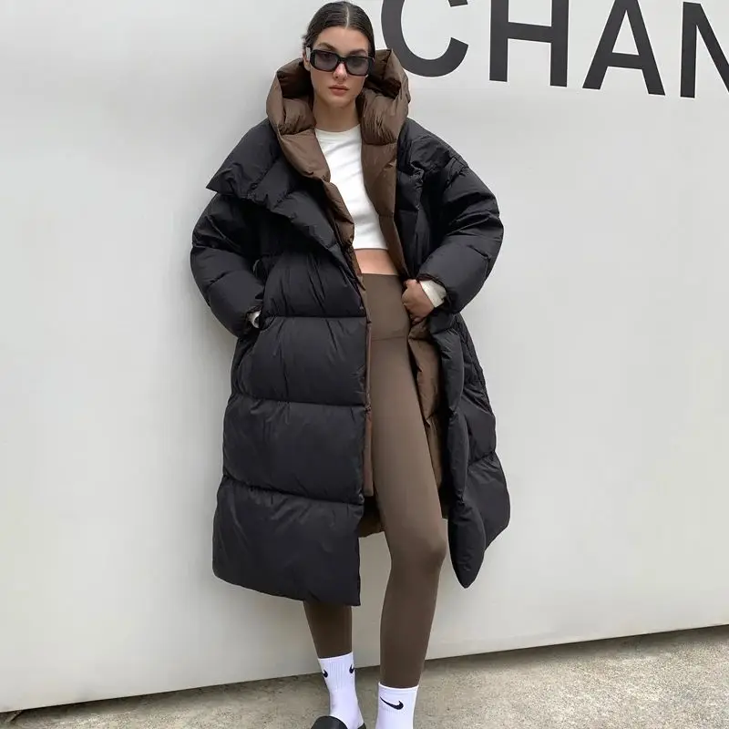 Women\'s Adjustable Waist Coat 90% White Duck Down Jacket Fashion Fake Two-piece Down Jacket Detachable Hooded Warm Loose Parka