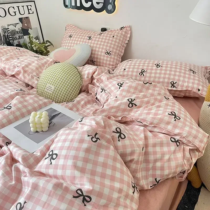 

Pink Lattice Bedding Set Bowknot Duvet Cover No Filler Pillowcase Flat Sheet Kids Adult Single Double Size INS Bedspread