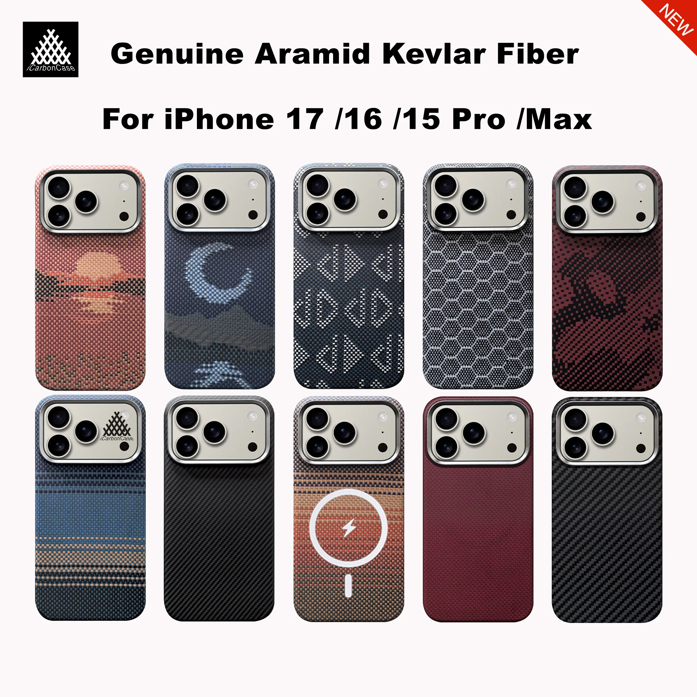

100% Натуральный чехол из арамидного волокна Kevlar с магнитной зарядкой для iPhone 17 Pro, 16, 15 Pro Max, 17 Air – Сверхлегкий чехол Magsafe для задней панели телефона