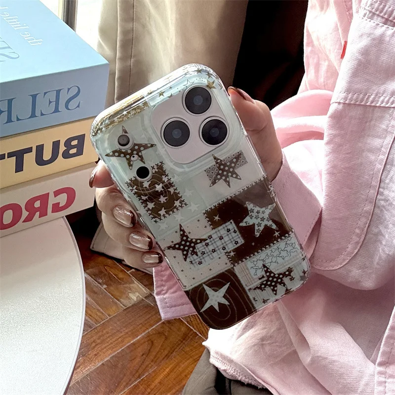 

Korean Cute Polka Dot Star Phone Case For iPhone 16 Pro 14 15 17 Pro Max Back Cover Shockproof Protective Cases For Apple 16 Pro