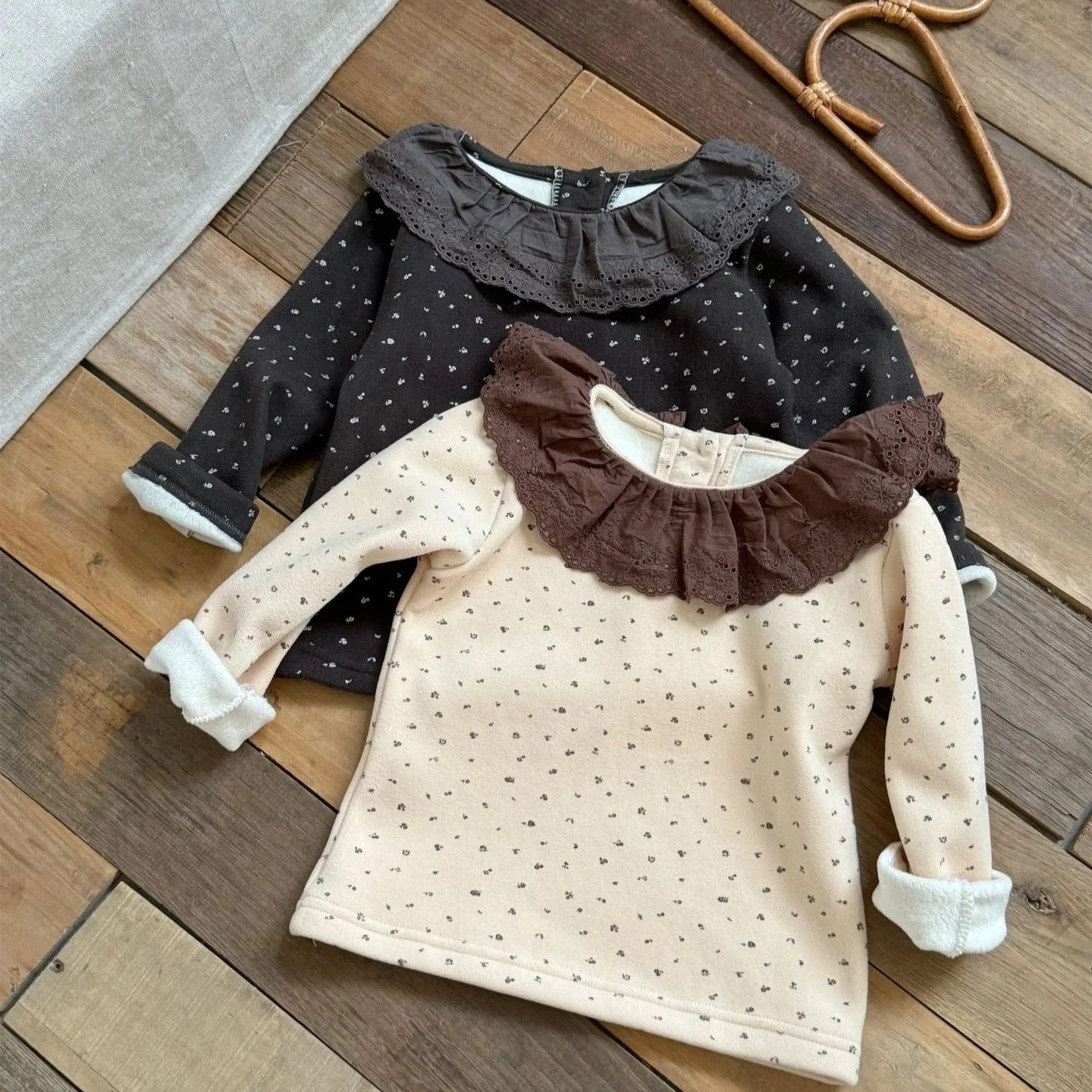 Girls Blouse 2024 Winter New Childrens Wear Korean Style Girl Baby Lotus Lace Collar Velvet Undercoat Casual Simple Daily