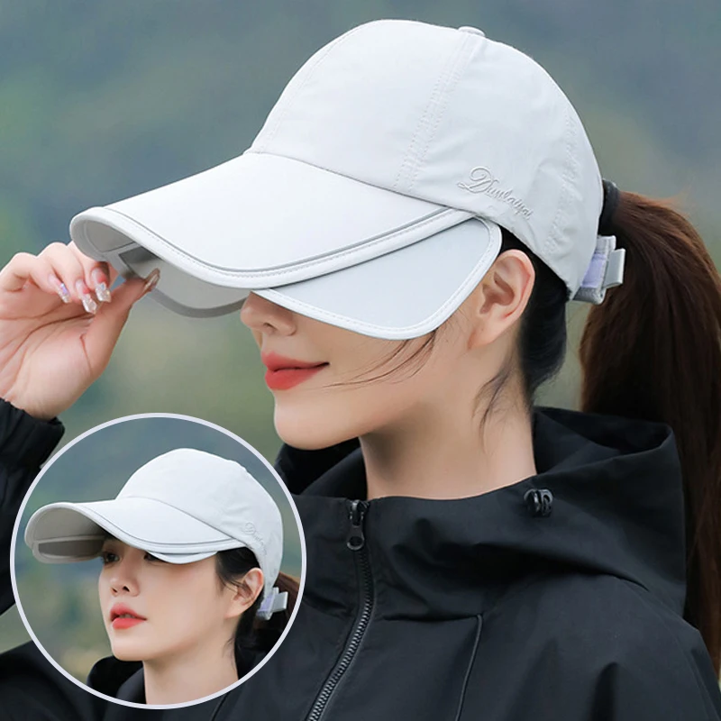 Retractable Wide Brim Baseball Cap Women UV Quick-Drying Waterproof Sun Protection Hat Outdoor Sports Golf Adjustable Summer Hat