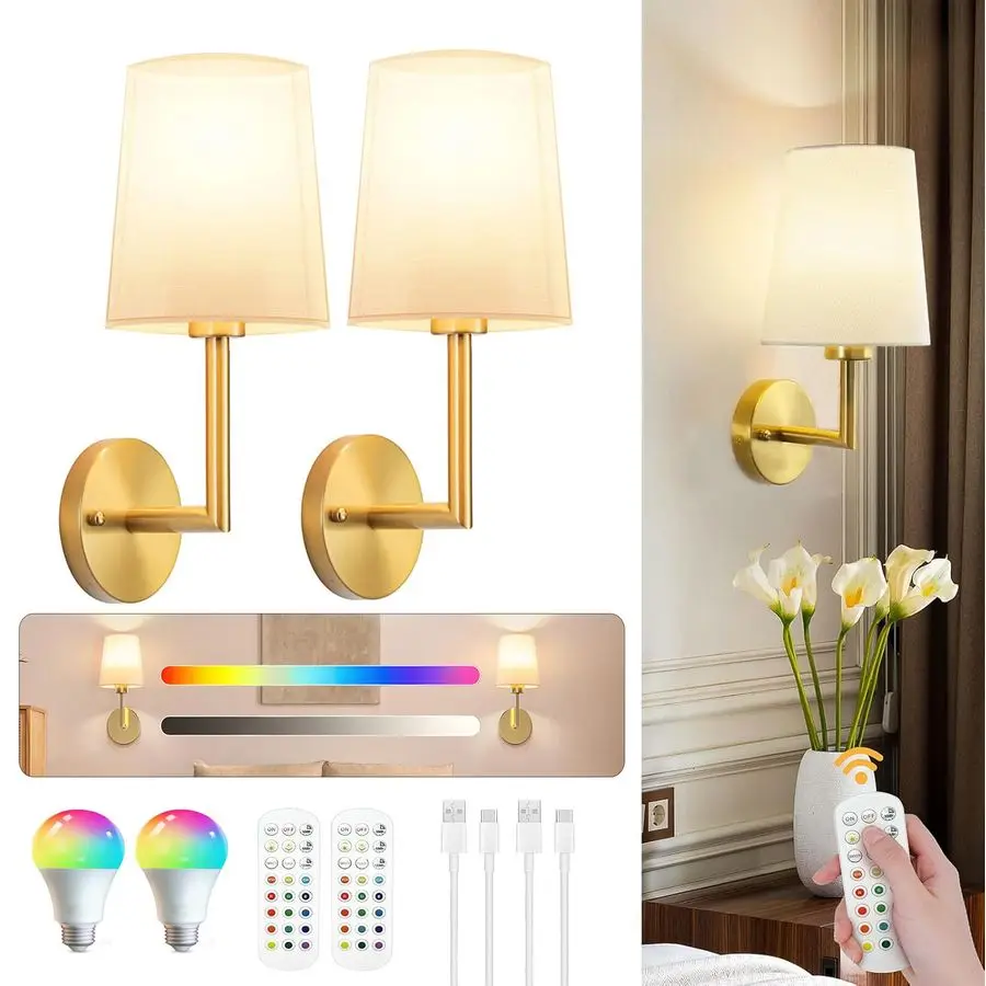 

Battery Operated Wall Sconces Set of Two, Gold Cordless Wall Sconce with 10000mAh RGB Dimmable Detachable Rechargeable Bulbs, 12