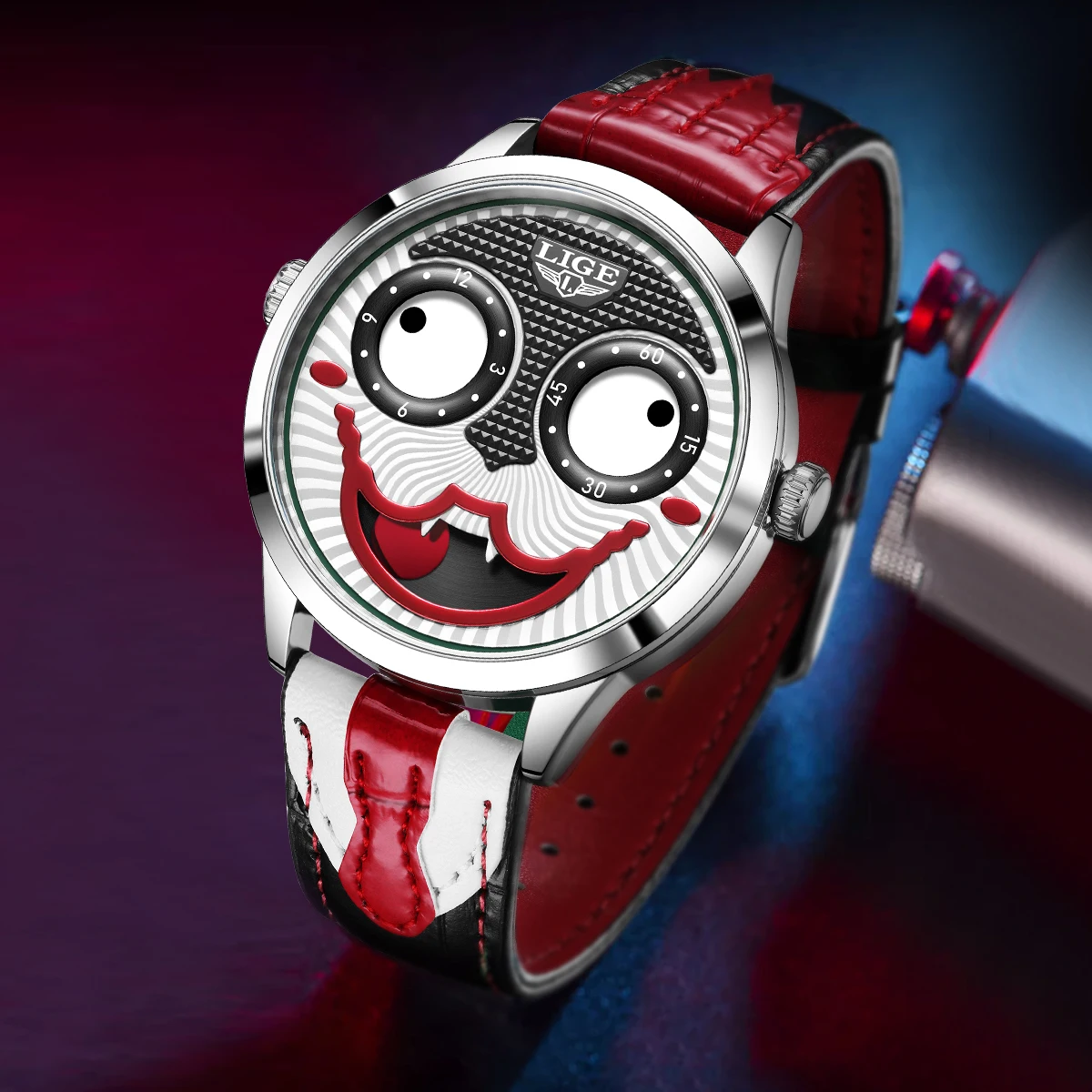 LIGE Creative Personality Joker Men Watch Funny Tie Leather Strap Quartz Man Wristwatch Moon Phase Watch Men Clown Face Clock