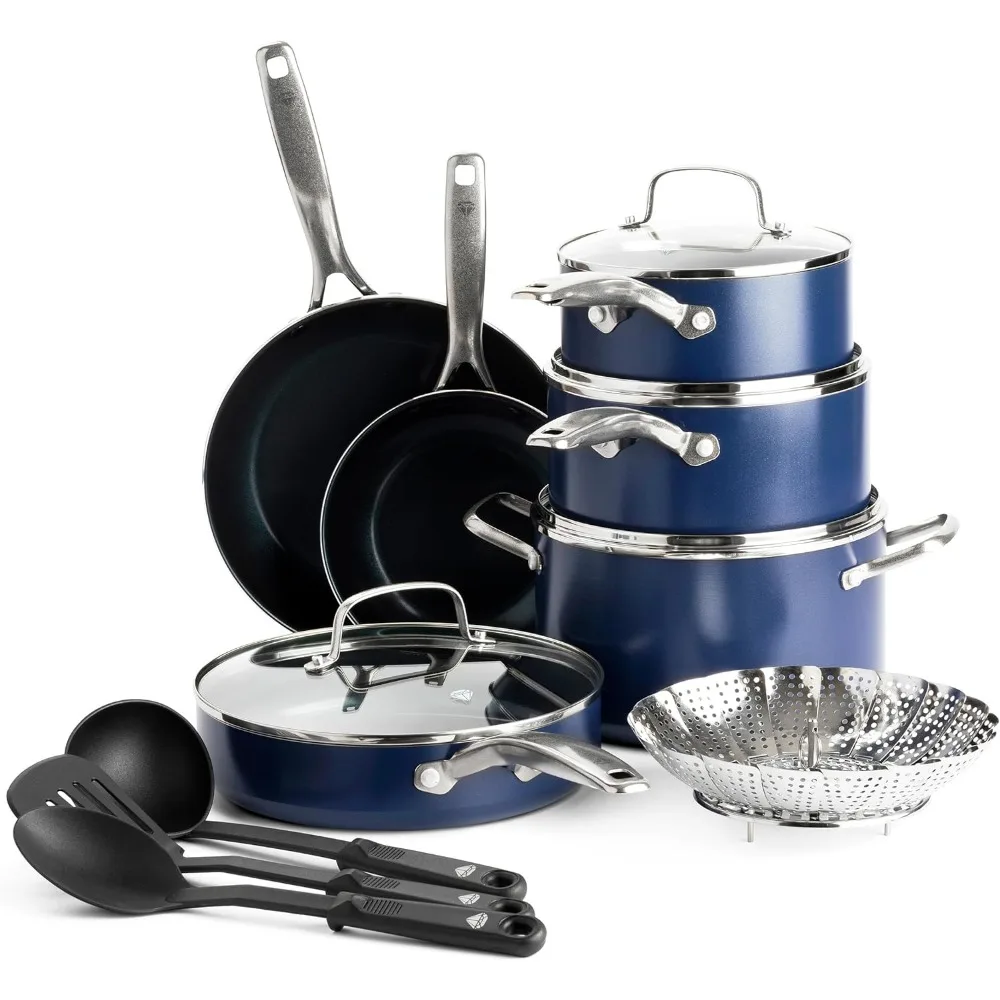 14 Piece Cookware Pots and Pans Set, Diamond Infused PFAS-Free Ceramic Nonstick, Durable Metal Utensil Safe & Scrat