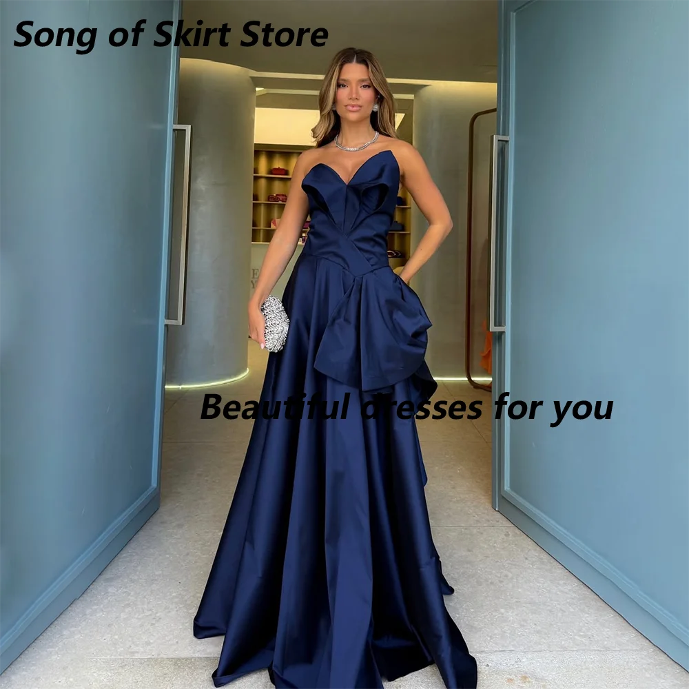 

Navy Evening Dresses for Woman Customized Sweetheart Neck Pleated Satin A Line Floor Length Prom Gowns Formal Party Dresses 2026