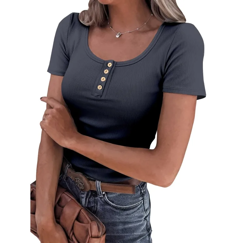 

Plus Size Women's Casual Ribbed Square Neck T-shirt Ladies Fashion Solid Color Basic Fashion Front Three Button Top