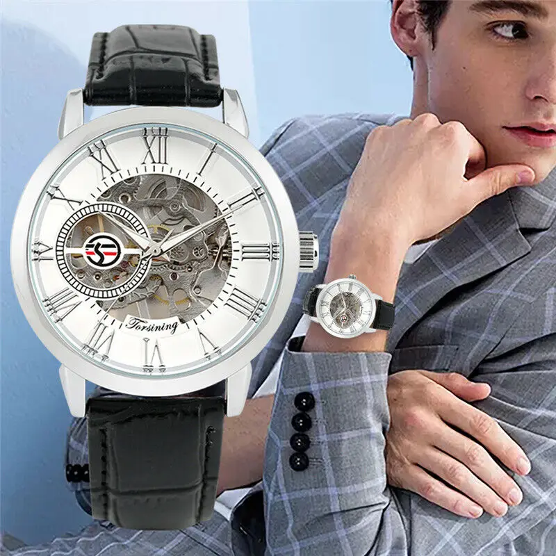 FORSINING Mens Hand Wind Mechanical Watch Silver Case White Dial Black Leather Strap Analog Wristwatch