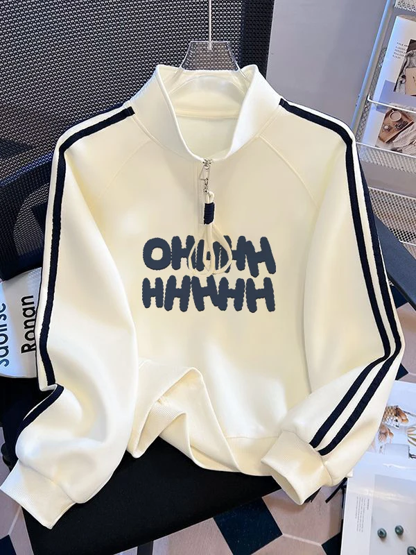 

Корейский шикарный свитшот с воротником-стойкой и буквенным принтом, женский повседневный спортивный топ без капюшона, модный студенческий стиль, из полиэфирного волокна