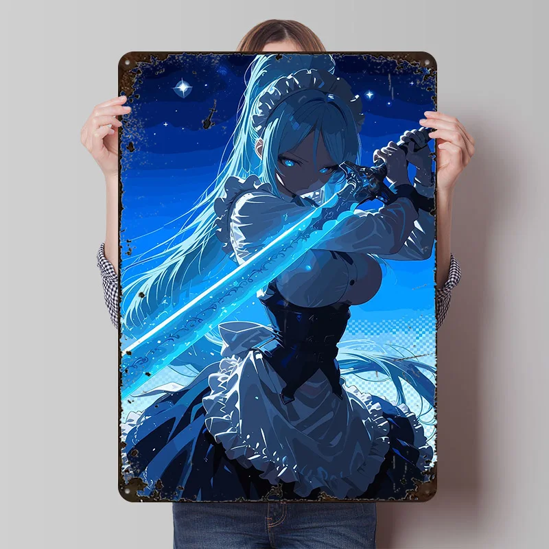 Sylpha Maid With Glowing Sword Poster Customized Vintage Metal Signs Wall Art Retro Tin Plaque for Home Decor Room Coffee Bar