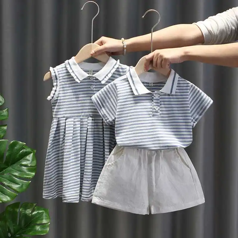 Summer Sibling Matching Outfits Brother and Sister Clothes Casual Children’s Set Kids Striped Dress Boys and Girl Clothing Set