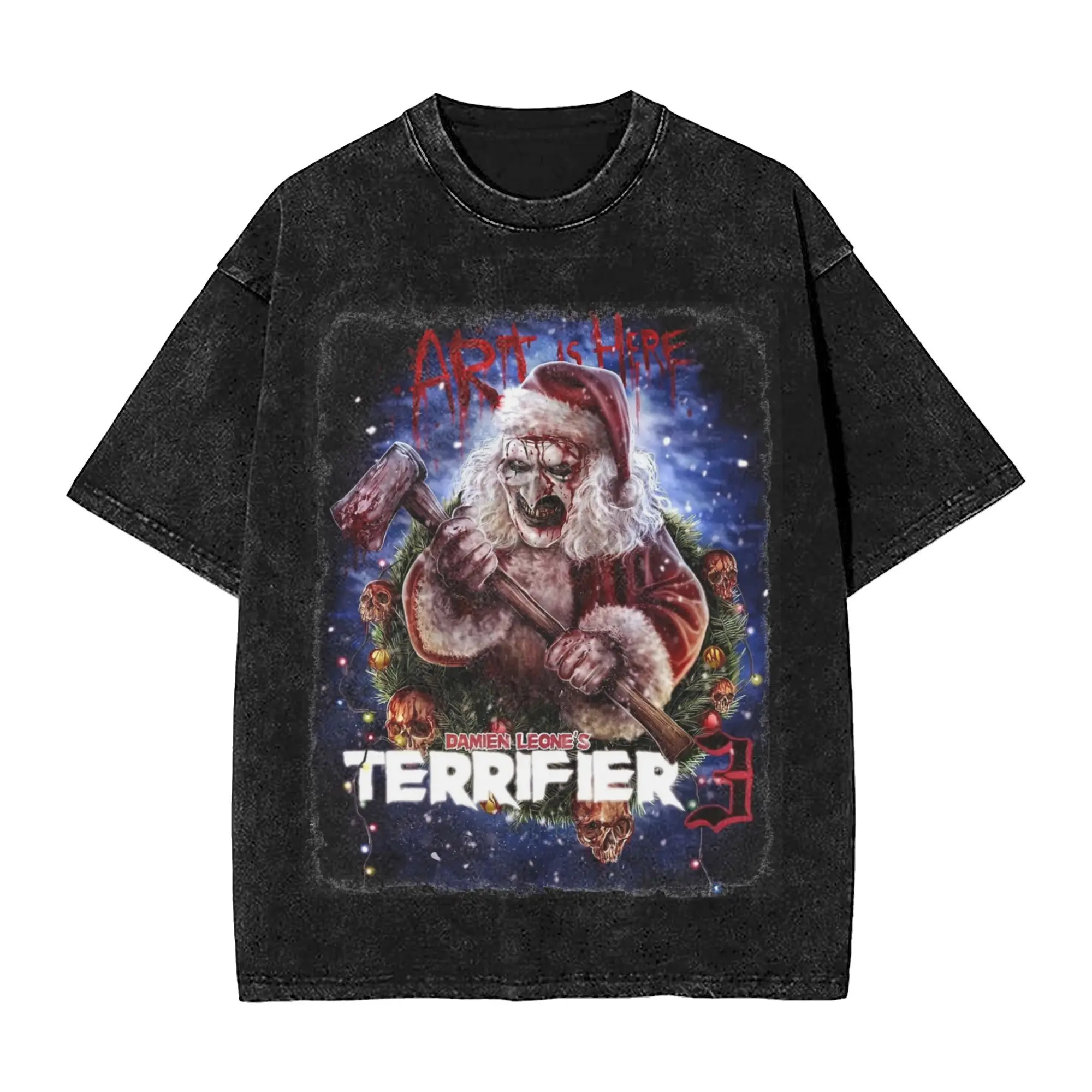 Christmas Terrifier 3 horror Outfit Washed T Shirt for Men Women Streetwear Hip Hop T-Shirts Printed Tees Tops Short Sleeve