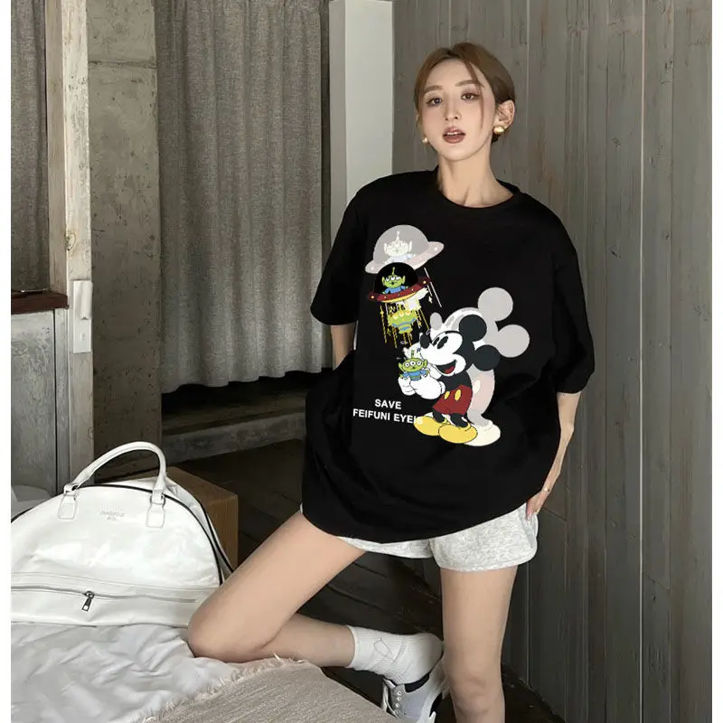 

Летняя футболка большого размера с короткими рукавами, универсальная корейская версия женского топа с круглым вырезом, модная веселая пара с Микки Диснеем